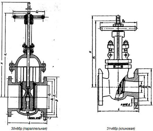 Рис.1. Габаритный чертеж задвижек 30ч6бр, 31ч6бр
