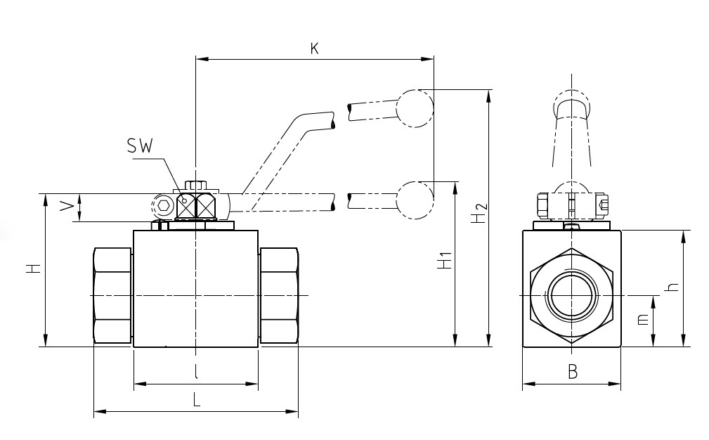 Схема габаритных размеров шарового крана BKH-G12 DN 13 PN500 с отв. MHA