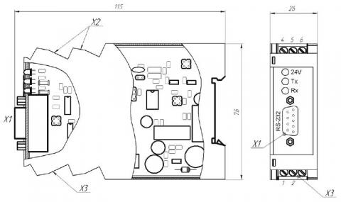 Схема габаритов блока преобразования БПИ-485