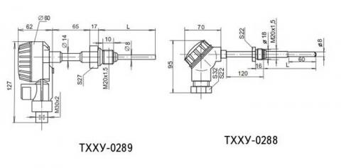 Схема габаритов преобразователей ТСМУ/ТСПУ/ТХАУ-0288, ТСМУ/ТСПУ/ТХАУ-0289