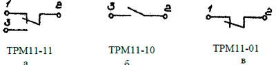 Рис. 2. Схемы электрические принципиальные реле: а - с одним переключающим контактом; б - с одним замыкающим контактом; в - с одним размыкающим контактом.