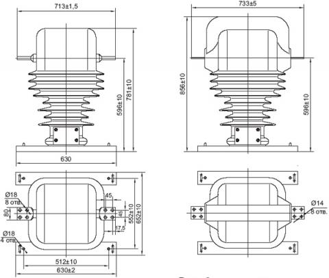 Рис.1. Габаритные и присоединительные размеры трансформатора тока ТОЛ-35 III-II, ТОЛ-35 III-III
