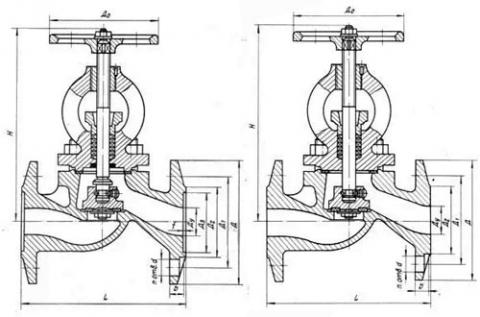 Рис.1. Габаритные размеры клапанов 15кч16п1, 15кч16п