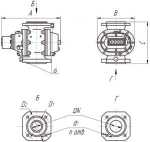 Рис.1. Габаритные размеры счетчиков газа РГК-Ех типорозмеров G40...G100