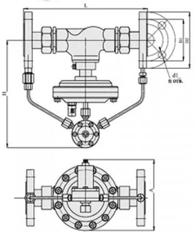 Рис.1. Габаритный чертеж регуляторов давления "До себя" с поршневым приводом исполнение под приварку