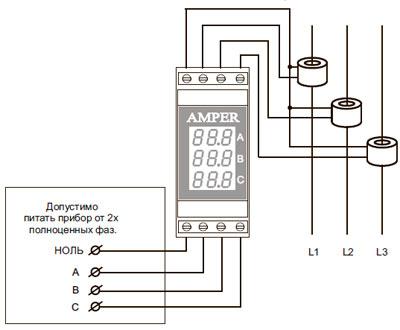 Рис.1. Схема подключения AMPER трехфазного амперметра