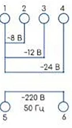 Рис.1. Схема подключения трансформатора модульного EBS6TF-24
