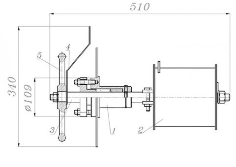 Рис.1. Схематическое изображение механизма управления МУ-1, где 1-корпус, 2-барабан, 3-вал, 4-указатель, 5-маховик