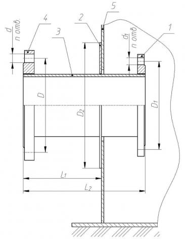 Рис.1. Схематическое изображение патрубока ППР, где: 1. фланец; 2. кольцо усиливающее; 3. труба; 4. фланец; 5. резервуар