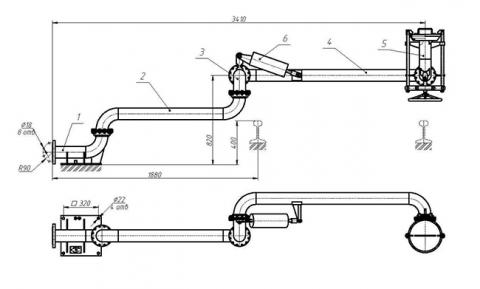 Рис.1. Схематическое изображение установка слива-налива УСН-100, где: 1. патрубок коренной опорный; 2. патрубок подвижный; 3. колено; 4. патрубок подвижный; 5. головка присоединительная; 6. устройство уравновешивающее