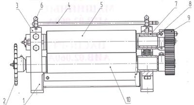 Рис.1. Состав вальцев гравированных машинных , где: 1.Основание; 2.Звездочка; 3.Стойка; 4. Труба; 5.Валик верхний; 6.Винт нажимной; 7.Подвижный подшипник; 8.Поводок; 9.Шестерня; 10.Валик нижний;