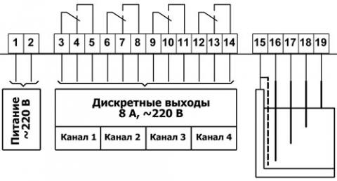 Рис.2. Схема подключения  датчика-реле уровня WLC-02