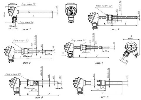 Рис.1. Габаритные размеры преобразователей ТХА-1090В, ТХК-1090В