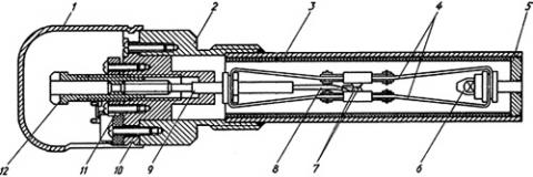 Рисунок 1. Общий вид температурного реле ТР-200, где 1 - колпачок; 2 - корпус; 3 - трубка; 4 - пружины; 5 - донышко; 6 - ось; 7 - контакты; 8 - провод; 9 - тяга; 10 - головка; 11 - фиксатор; 12 - регулировочный винт