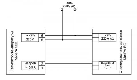 Схема соединения регулятора температуры МикРА 600 и формирователя унифицированных сигналов постоянного тока МикРА БС