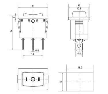 Переключатель KCD1-2-103 B/B на 3 положения - схема габаритов